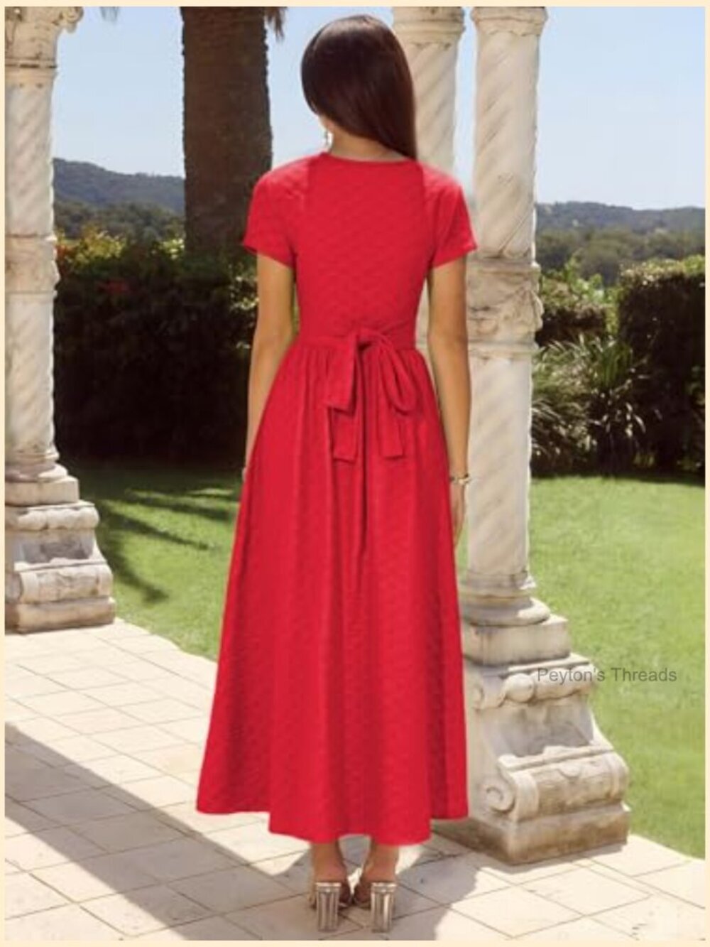 Short Sleeve Maxi Dress with Pocket Elegant Fit and Flare Lace Up Back - Picture 2 of 5